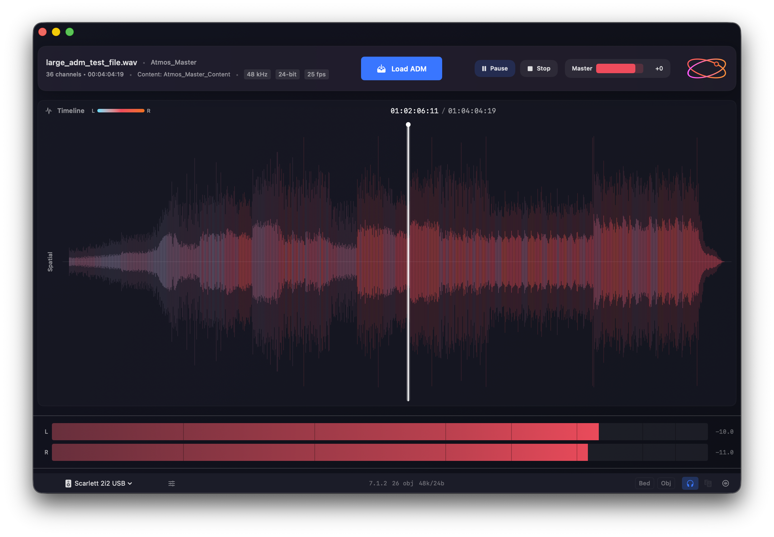 Orbit Lite interface showing spatial waveform display with ADM playback controls