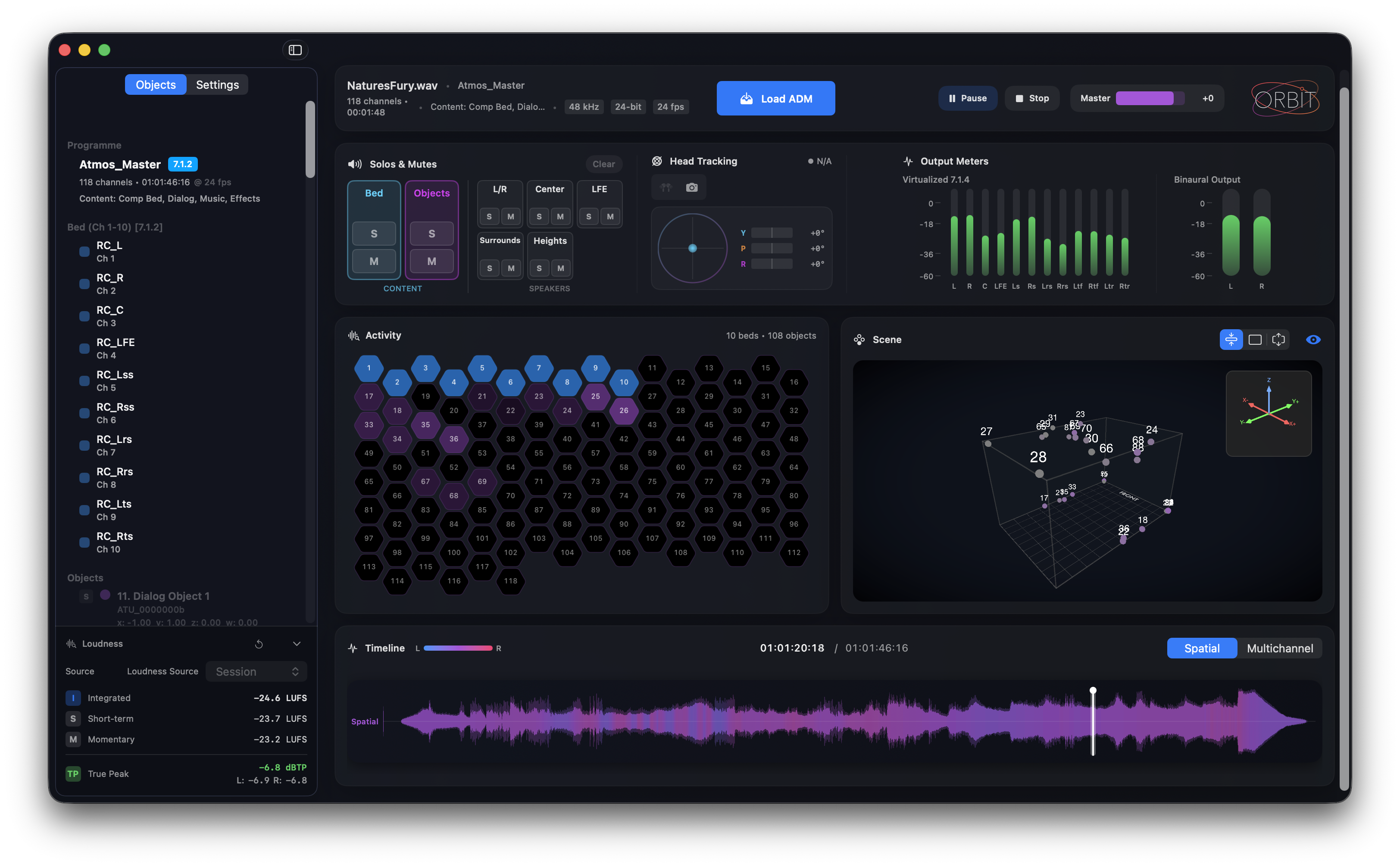 Orbit App Interface showing full 7.1.4 monitoring with 3D spatial visualization, activity monitor, output meters, and head tracking