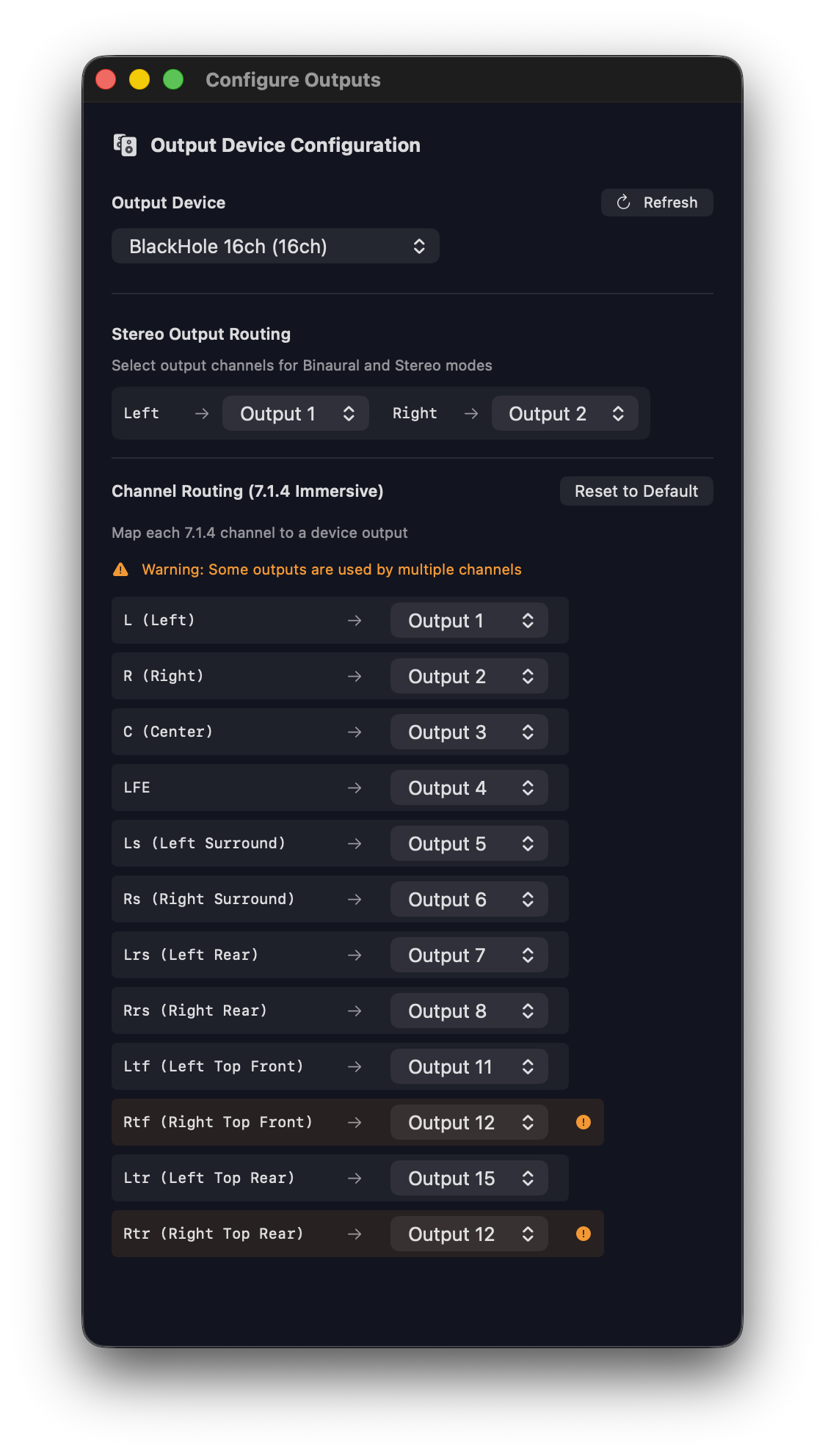 Output routing configuration showing channel mapping with conflict warnings