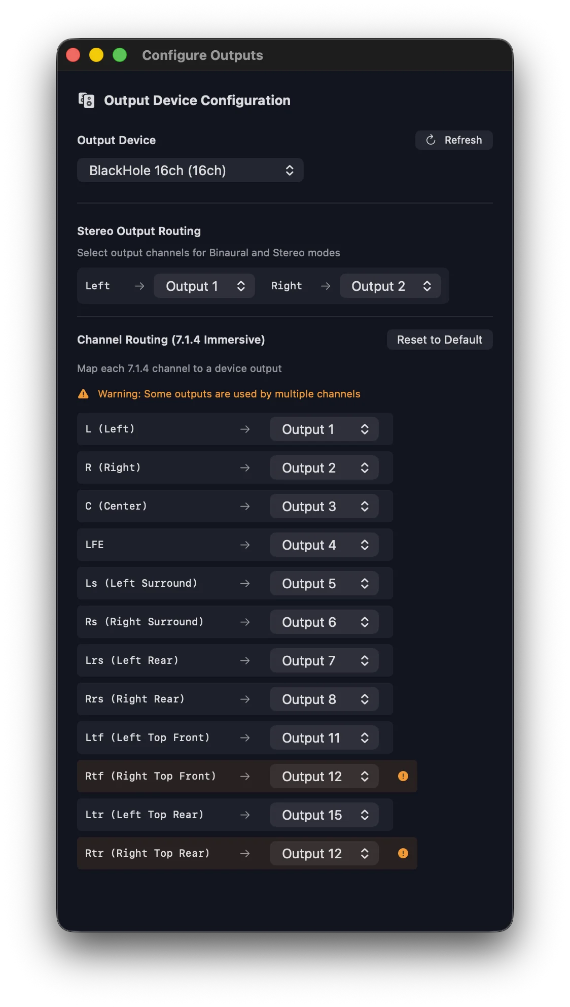 Output routing configuration showing channel mapping with conflict warnings