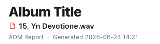 An album report header — a shared "Album Title" with the track name and generation timestamp below