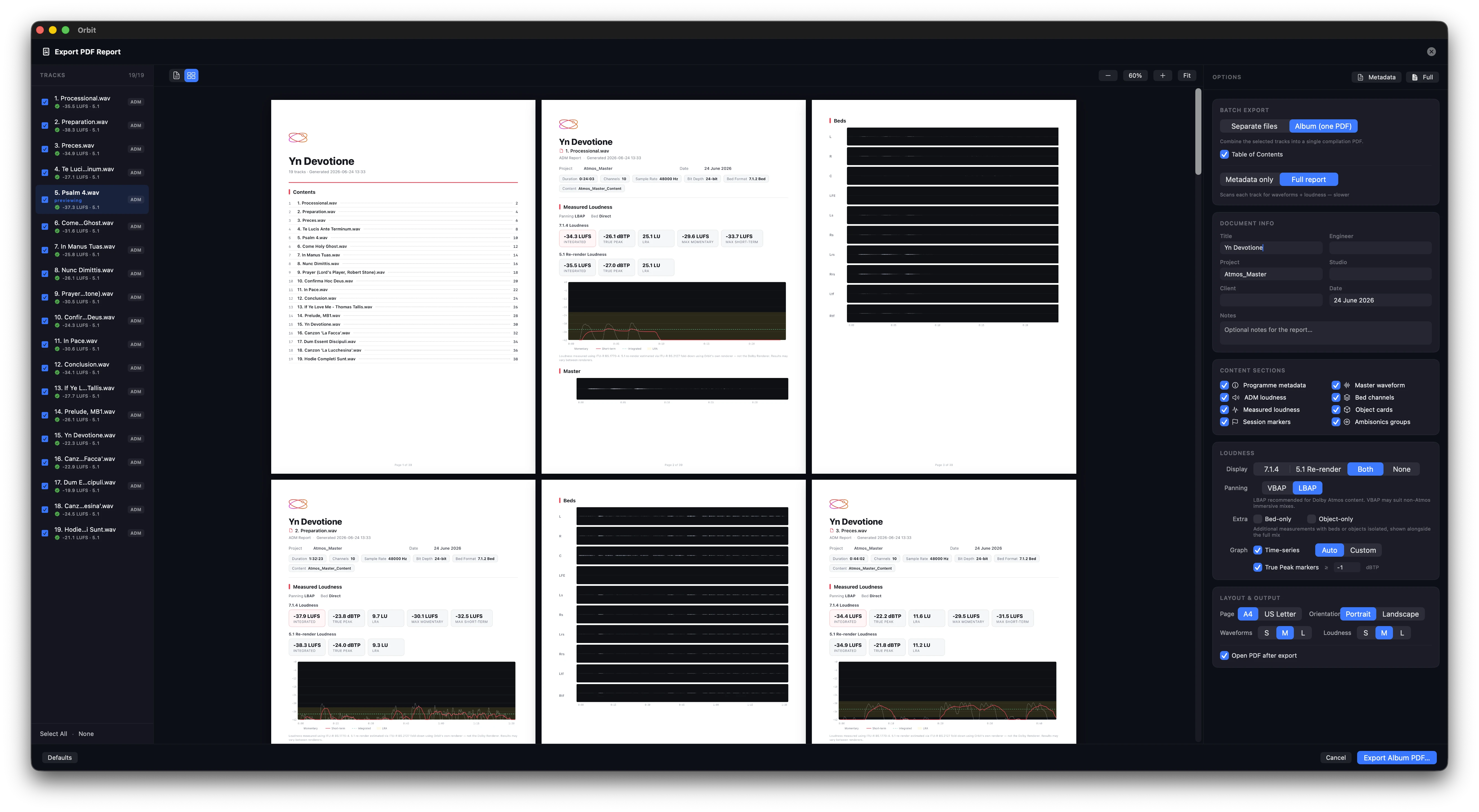 Grid mode showing all pages of an album export, contents page included, with Batch Export and Album options on the right
