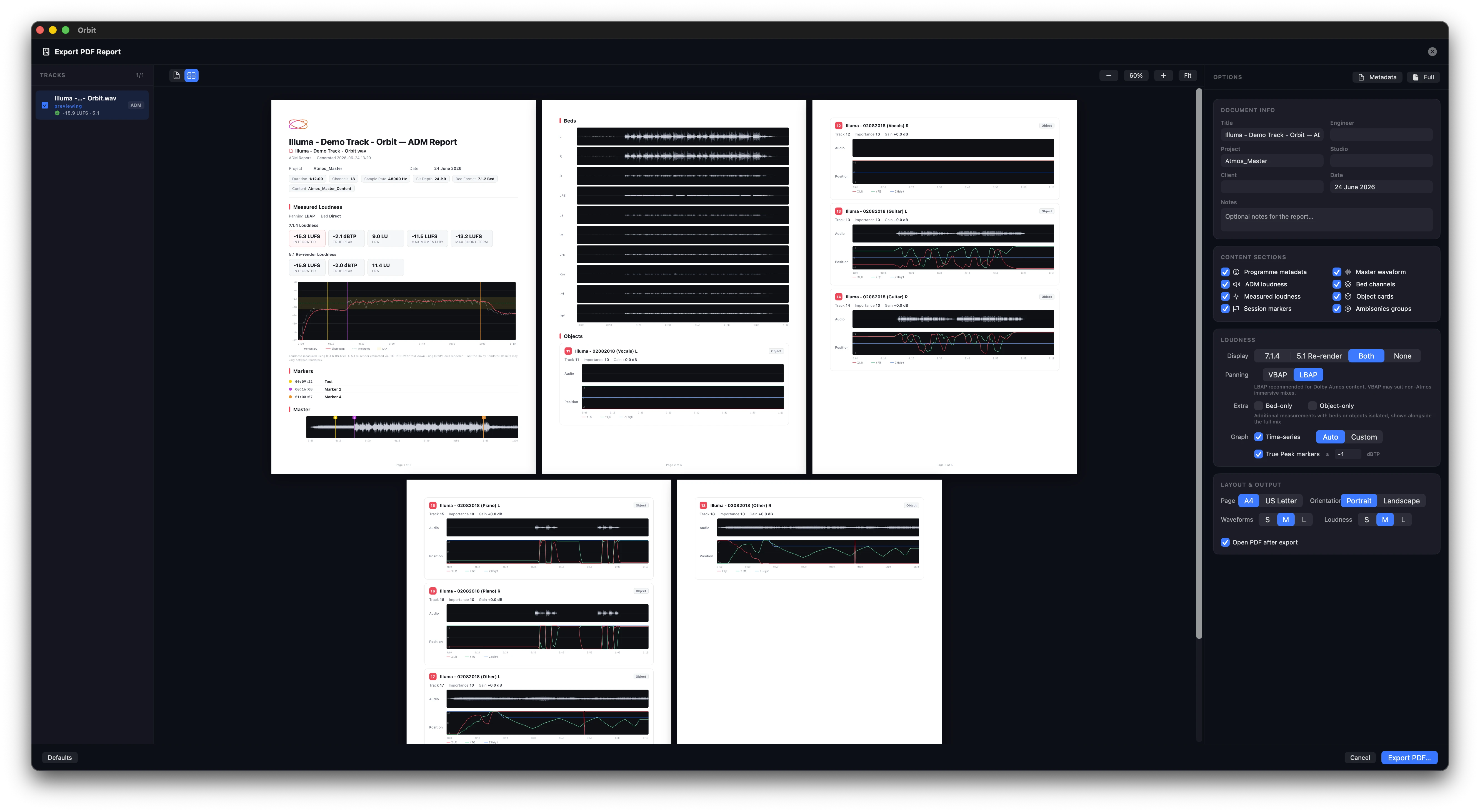 Grid mode showing a single track's pages — the summary, the bed waveforms and the per-object cards