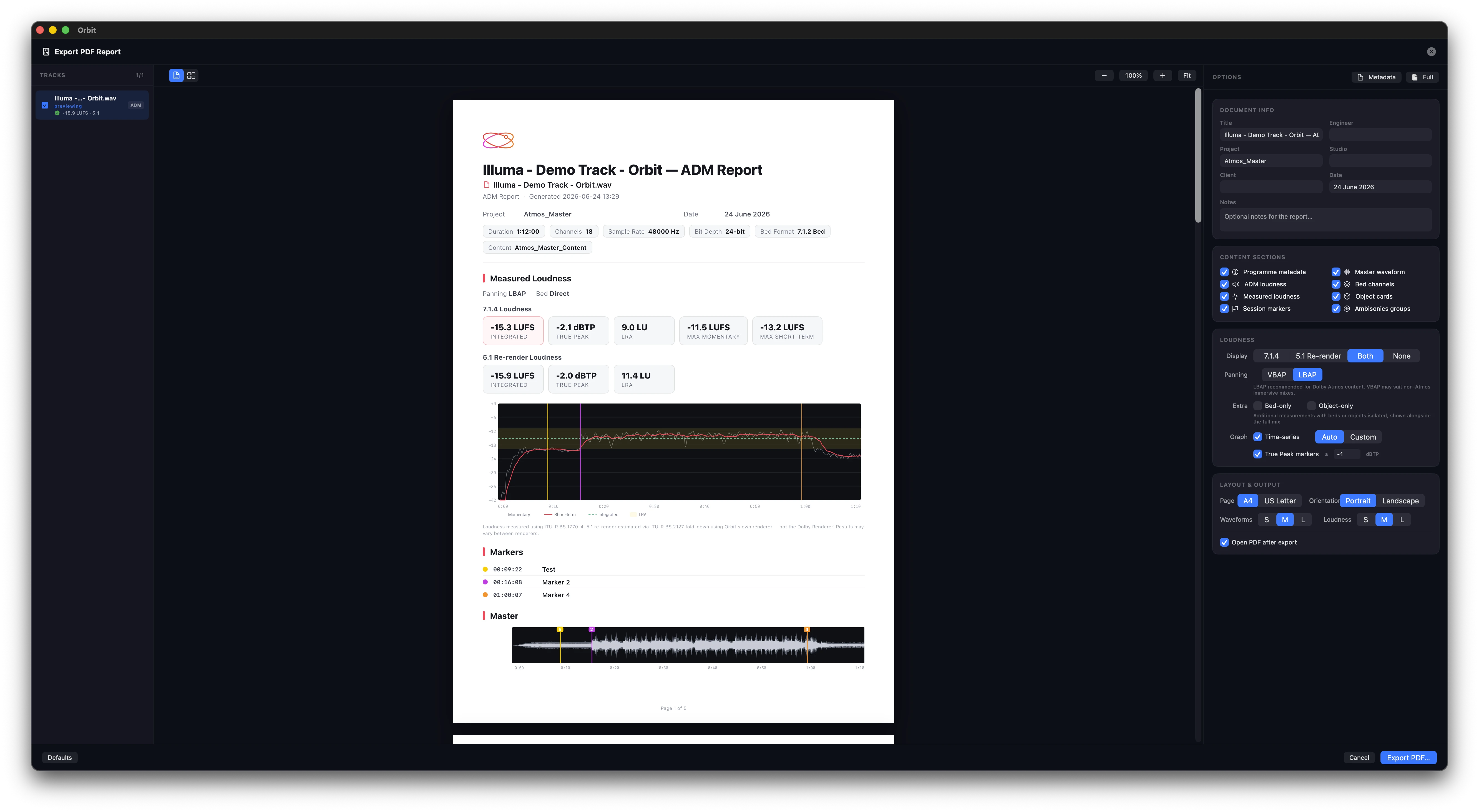 The Orbit PDF Export window — track list on the left, a live A4 report preview in the centre, and document, content and loudness options on the right