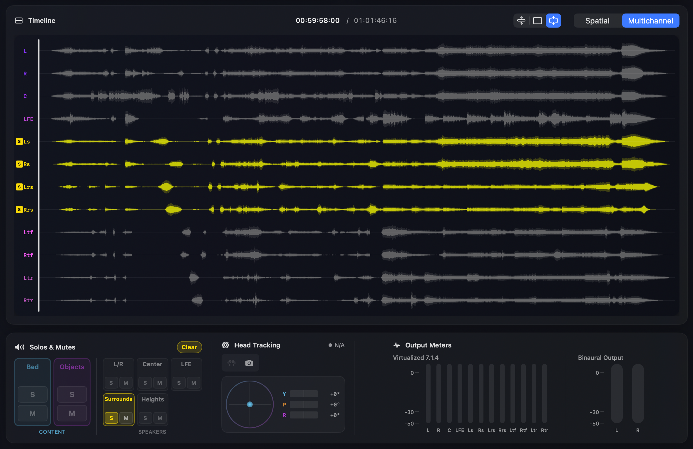 Waveform view with surround channels soloed and highlighted in yellow