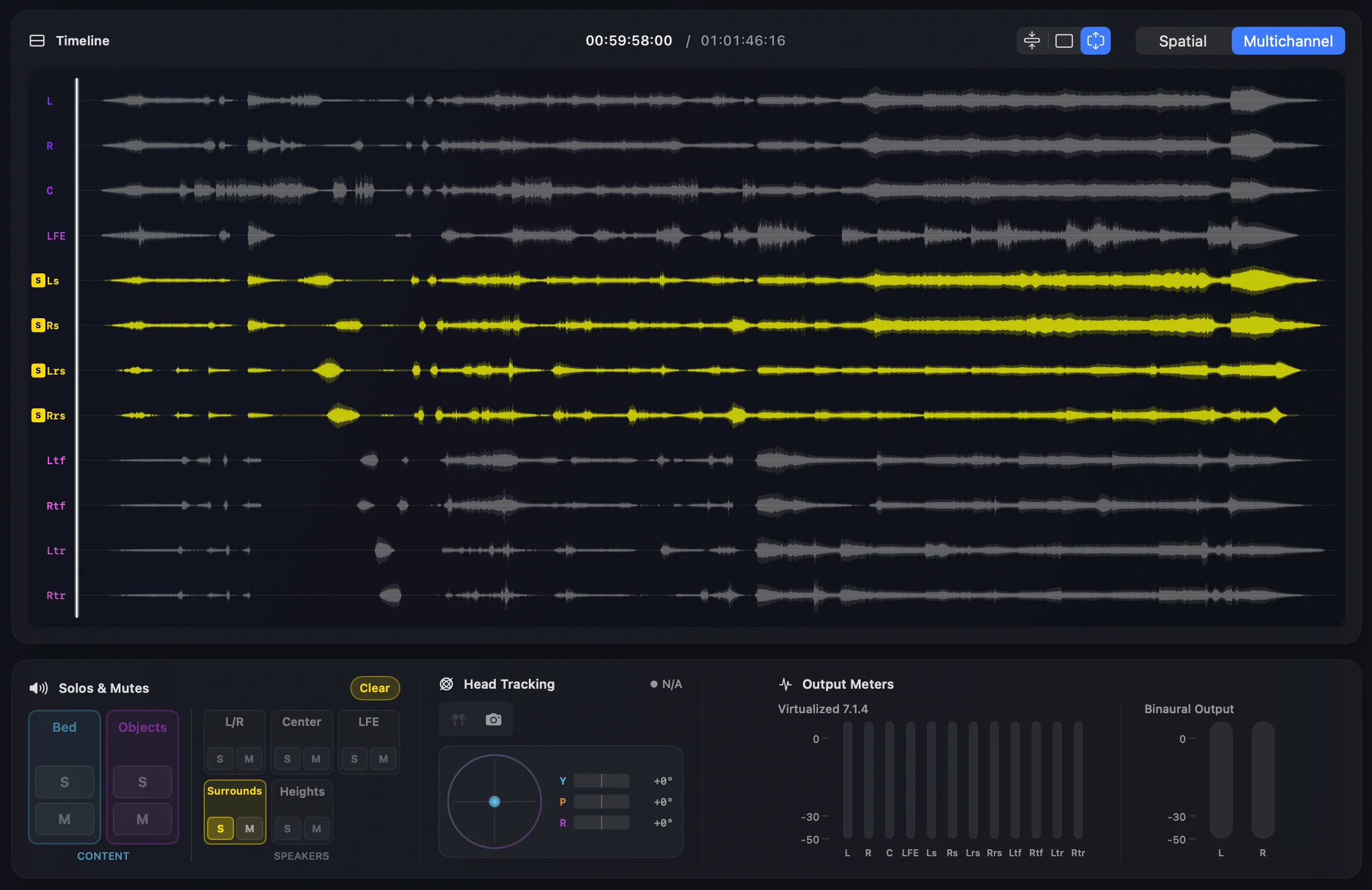 Waveform view with surround channels soloed and highlighted in yellow