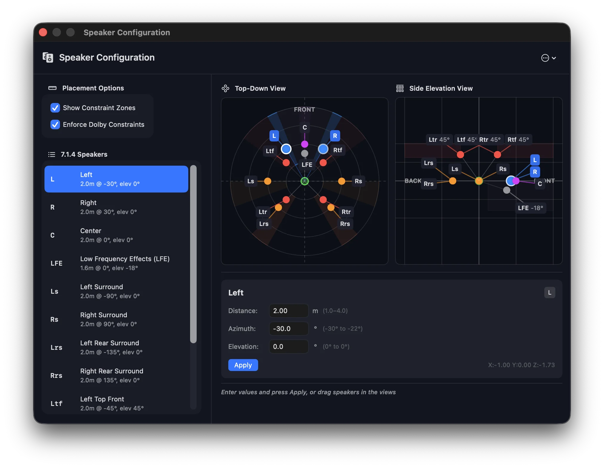 Speaker configuration showing top-down and side elevation views